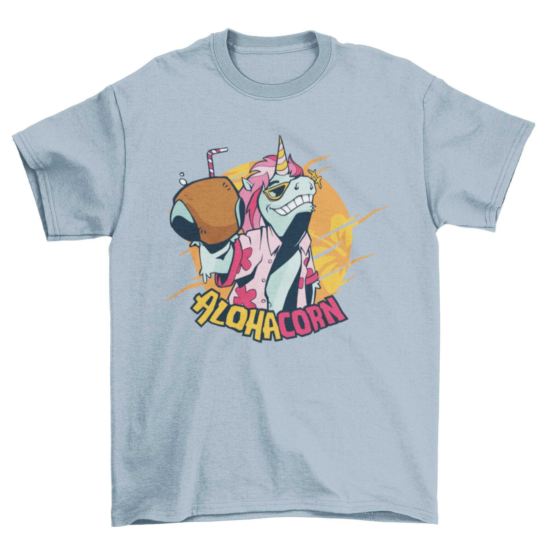 A colorful T-shirt featuring a Hawaiian unicorn design with the text 'ALOHACORN'.